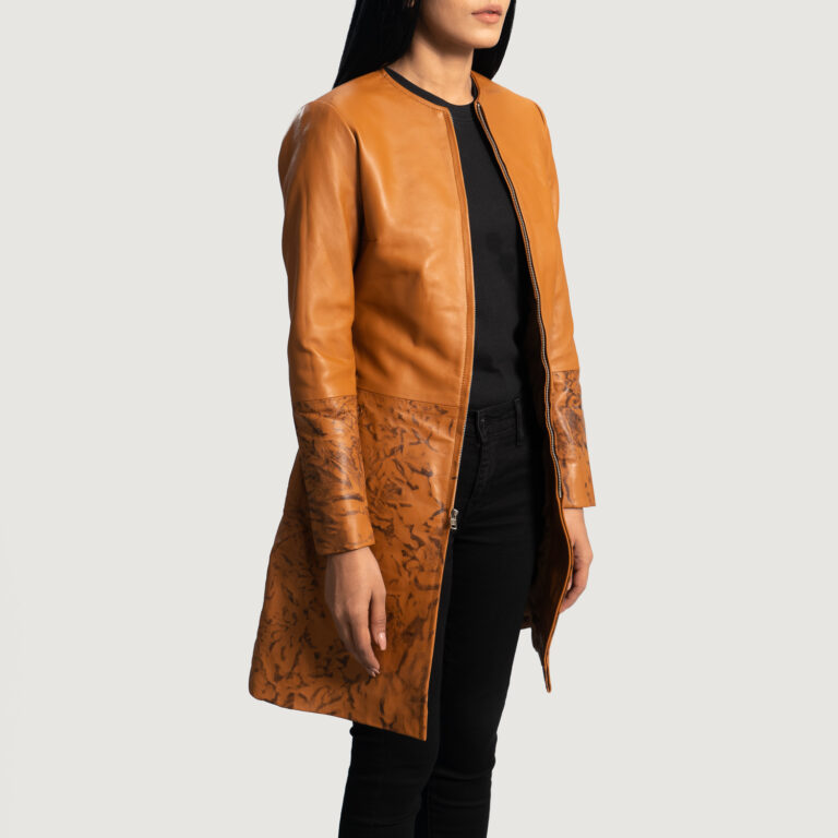 Womens Sandy Tan Dye Leather Coat Side Pose-3-1664357535266